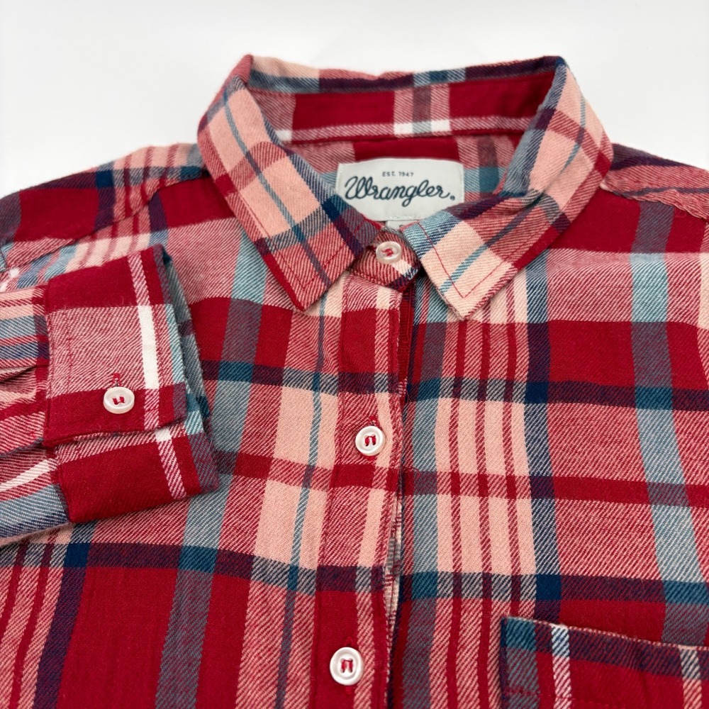 Wrangler Flannel Shirt Womens Size Small Red Blue Plaid Button Up Long Sleeve